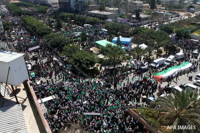 Palestinian demonstrators take part in a protest calling for Palestinian political unity between Gaza's Hamas rulers and the Fatah-dominated Palestinian Authority which rules from Ramallah, on March 15, 2011in Gaza City,...