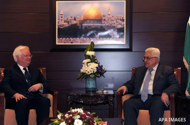 Palestinian President Mahmoud Abbas (Abu Mazen) meets with UN envoy for Lebanon Michael William in Ramallah in west bank 03.15.2011 photo by Thaer Ganaim