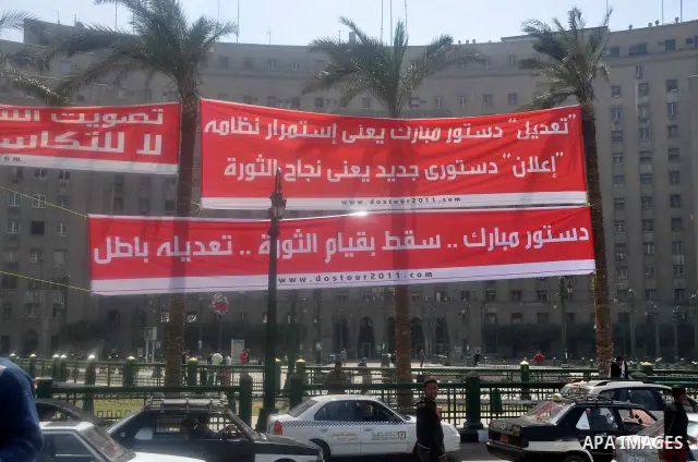 Egyptians shout anti- constitutional amendments slogans during a protest at Tahrir Square in Cairo, Egypt, Friday, March 18, 2011 a day before the referendum . Civic groups have raised fears that the timing of a Saturday...