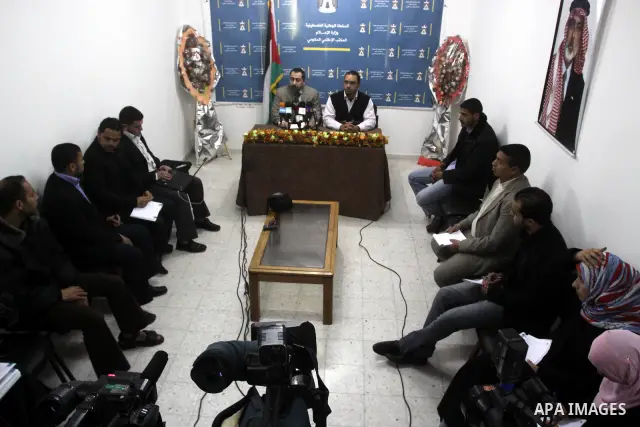 Palestinian Government spokesman Taher Al Nono in Gaza held a press conference to discuss the latest political developments March 1,2011 . Photo by Mohammed Asad