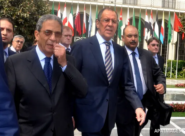 Arab League Secretary General Amr Moussa meets with Russian Foreign Minister Sergei Lavrov at the Arab League headquarters in Cairo, Egypt, 21 March 2011. Russian Foreign Minister Sergei Lavrov is on a tour of the Middle...