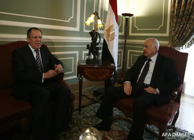 Egyption Foreign Minister Nabil Al-Arab meets with his Russian counterpart Sergei Lavrov in Cairo on March 21, 2011.. Photo by Wissam Nassar