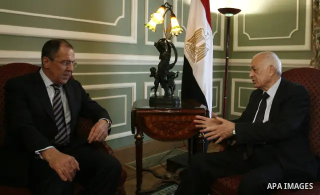 Egyption Foreign Minister Nabil Al-Arab meets with his Russian counterpart Sergei Lavrov in Cairo on March 21, 2011.. Photo by Wissam Nassar