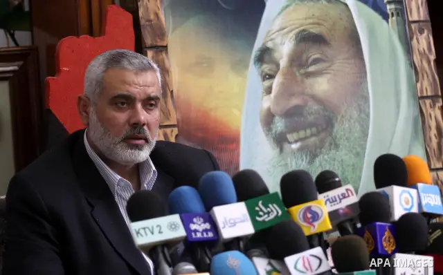 Palestinian prime minister of hamas leader Ismail Haniya during a visit to Ahmed yaseen's family in Gaza city on March 22,2011 . Ahmed yaseen hamas spiritual leader was assasinated in March 22. 2004 by israel air raid. P...