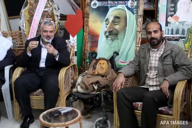 Palestinian prime minister of hamas leader Ismail Haniya during a visit to Ahmed yaseen's family in Gaza city on March 22,2011 . Ahmed yaseen hamas spiritual leader was assasinated in March 22. 2004 by israel air raid. P...