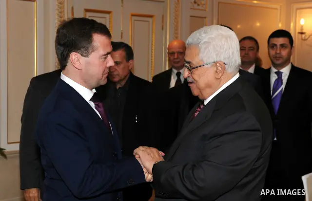 Palestinian President Mahmoud Abbas meets with Russian President Dmitry Medvedev during at the Gorki residence outside Moscow, Russia 22 March 2011. Mahmoud Abbas is on a working visit in Russia which takes place ahead o...