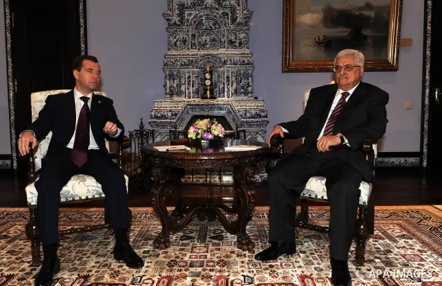 Palestinian President Mahmoud Abbas meets with Russian President Dmitry Medvedev during at the Gorki residence outside Moscow, Russia 22 March 2011. Mahmoud Abbas is on a working visit in Russia which takes place ahead o...