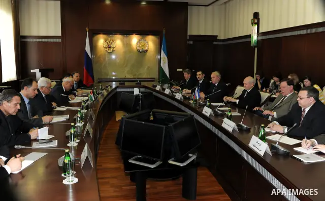 Palestinian President Mahmoud Abbas (Abu Mazen) meets with the President of the Republic of Bashkiria Rustam Khamidov in the city of Ofa Bashkiria . March,24,2011 photo by Thaer Ganaim.