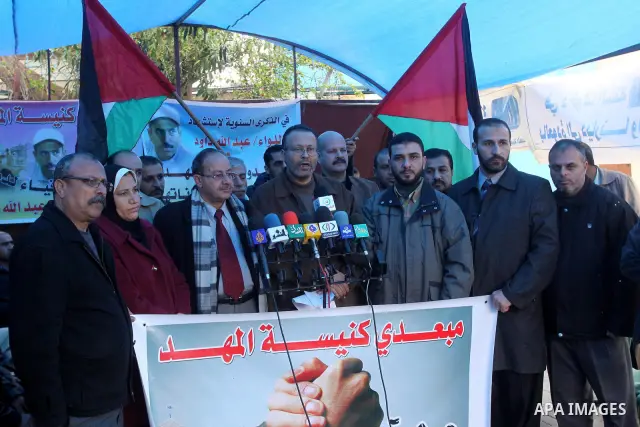 The Deportees of the Church of Nativity take a part in a protest calling for return in front of UN headquarters in Gaza March 24,2011 . Photo by Mohammed Asad