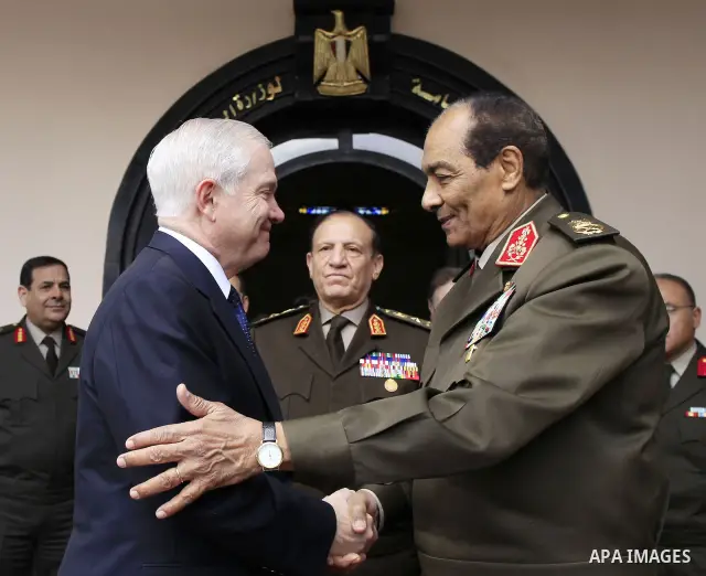 US Defense Secretary Robert Gates meets with Field Marshal Hussein Tantawi, head of the Egyptian Armed Forces Supreme Council, in Cairo on March 24, 2011. Photo by Charles Dharapak / POOL