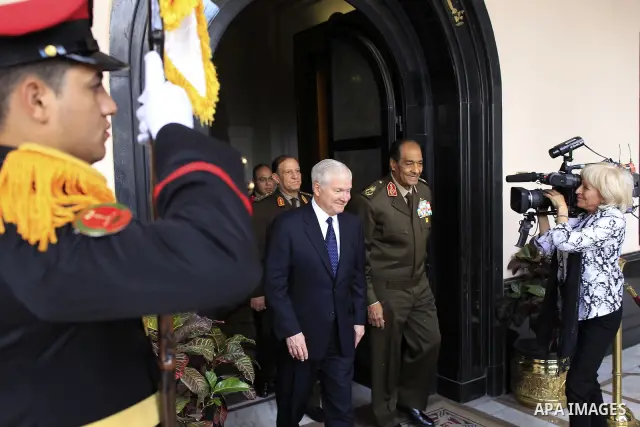 US Defense Secretary Robert Gates meets with Field Marshal Hussein Tantawi, head of the Egyptian Armed Forces Supreme Council, in Cairo on March 24, 2011. Photo by Charles Dharapak / POOL