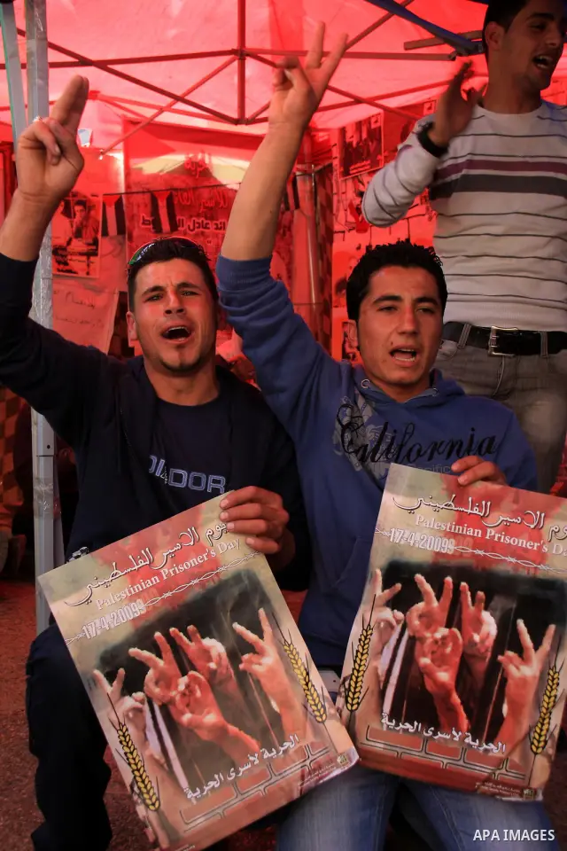 Palestinians men hold portraits of relatives, during a protest calling for the release of Palestinian prisoners from Israeli jails, in the West Bank city of Nablus , Thursday, March 31, 2011. Israel currently holds about...