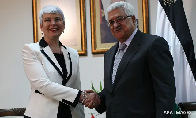 Palestinian President Mahmoud Abbas meets with the Croatian Prime Minister Jadranka Kosor at Abbas office in the West Bank town of Ramallah, on 31 March 2011.phot by Atef Safadi/ pool