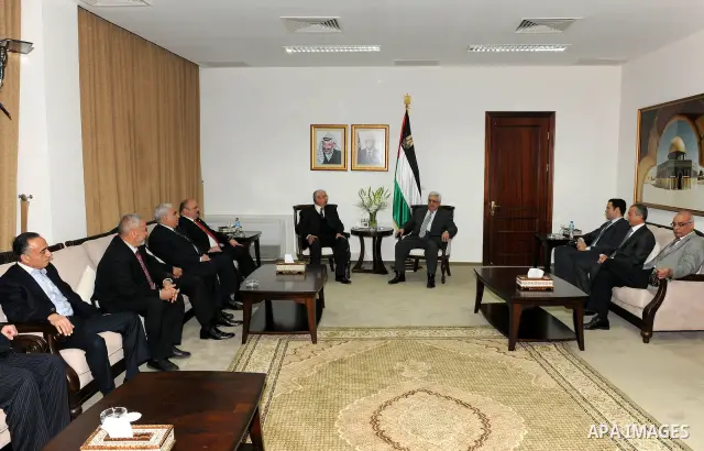 Palestinian President Mahmoud Abbas (Abu Mazen) during a meeting with a delegation of businessmen from Gaza Strip in the West Bank city of Ramallah on March 31,2011. Photo by Thaer Ganaim