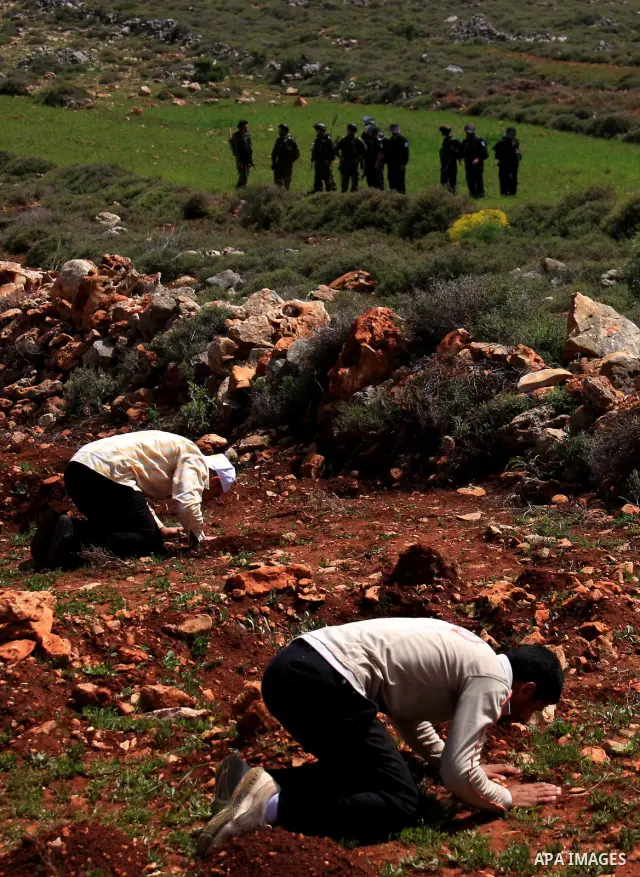 Israeli soldiers keep watch as Palestinians perform Friday prayers on an open field in the village of Qusra, near the Jewish settlement of Shilo, in the Israeli-occupied West Bank, on April 1, 2011. Photo by Wagdi Eshtay...