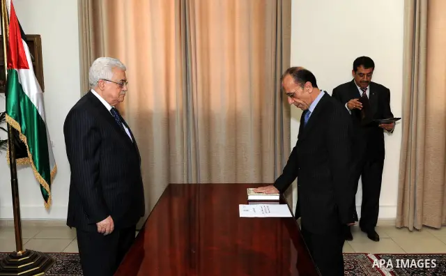 Members of Fatah Movement's court swear in front of Palestinian President Mahmoud Abbas (Abu Mazen) in the West Bank city of Ramallah on April 1,2011. Photo by Thaer Ganaim