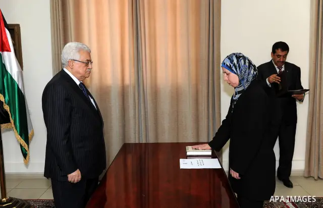 Members of Fatah Movement's court swear in front of Palestinian President Mahmoud Abbas (Abu Mazen) in the West Bank city of Ramallah on April 1,2011. Photo by Thaer Ganaim
