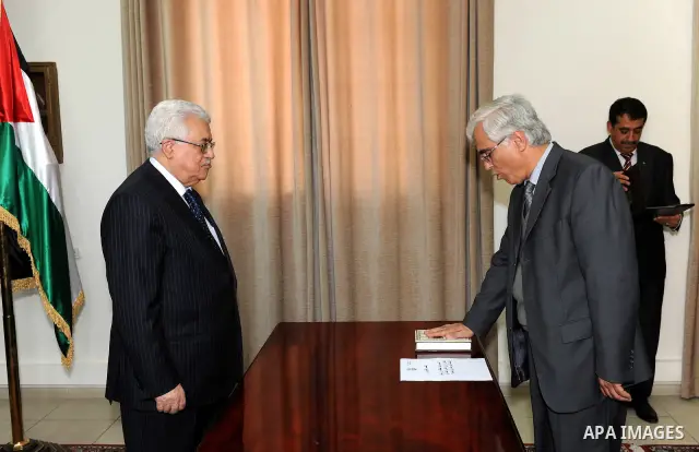 Members of Fatah Movement's court swear in front of Palestinian President Mahmoud Abbas (Abu Mazen) in the West Bank city of Ramallah on April 1,2011. Photo by Thaer Ganaim