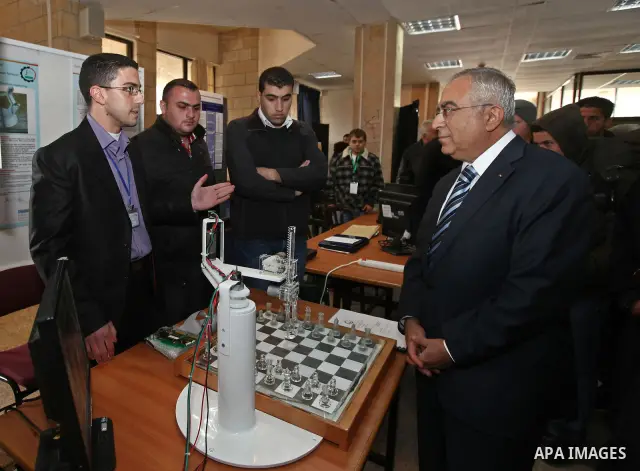 Palestinian Pime Minister, Salam Fayyad attends the opening ceremony of the Palestinian ICT Exhibition at Birzeit University in the West Bank city of Ramallah on April 5, 2011. Photo by Mustafa Abu Dayeh