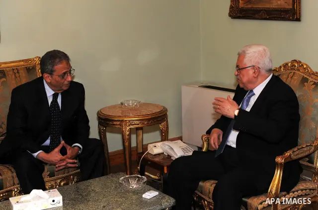 Palestinian President Mahmoud Abbas (Abu Mazen) during a meeting with Arab League Secretary General , Amr Moussa in the Egyptian capital of Cairo on April 6,2011. Photo by Thaer Ganaim