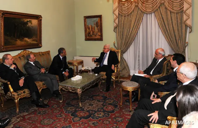Palestinian President Mahmoud Abbas (Abu Mazen) during a meeting with Arab League Secretary General , Amr Moussa in the Egyptian capital of Cairo on April 6,2011. Photo by Thaer Ganaim