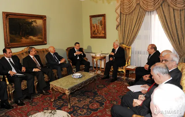 Palestinian President Mahmoud Abbas (Abu Mazen) during a meeting with Egyptian Prime Minister, Essam Sharaf in the Egyptian capital of Cairo on April 7,2011. Photo by Thaer Ganaim
