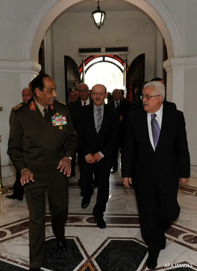 Palestinian President Mahmoud Abbas (Abu Mazen) and Field Marshal Hussein Tantawi, head of the Egyptian Armed Forces Supreme Council during their meeting in the ministry of defense headquarters in Cairo, Egypt, Thursday,...