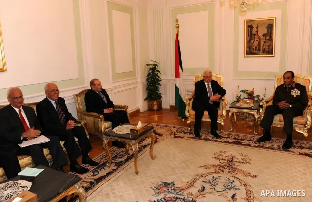 Palestinian President Mahmoud Abbas (Abu Mazen) and Field Marshal Hussein Tantawi, head of the Egyptian Armed Forces Supreme Council during their meeting in the ministry of defense headquarters in Cairo, Egypt, Thursday,...