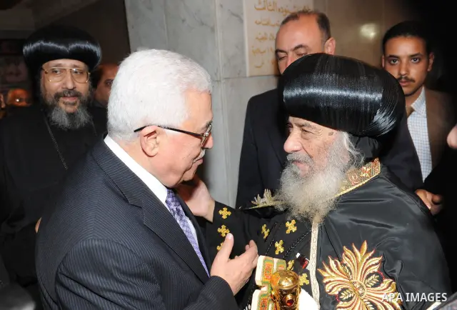 Palestinian President Mahmoud Abbas (Abu Mazen) during a meeting with Pope Shenouda, in Cairo, Egypt, Thursday, April 7, 2011. Photo by Thaer Ganaim