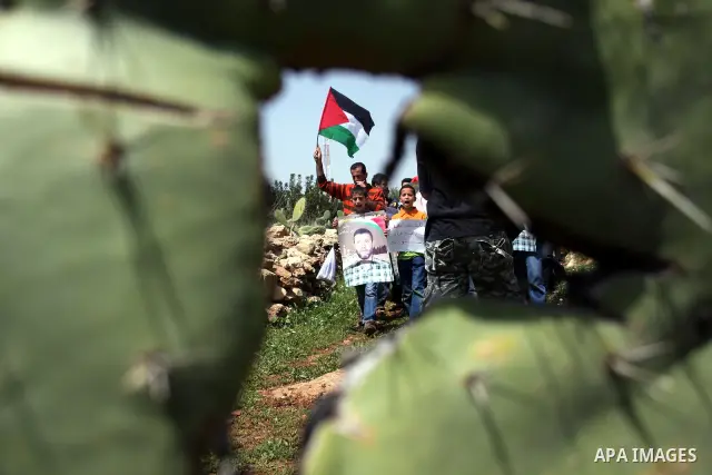 Palestinian protestors take part in the weekly demonstration against Israel's separation barrier in the West Bank village of Nilin, near Ramallah, Friday, April 8, 2011. Israel says the barrier is necessary for security...