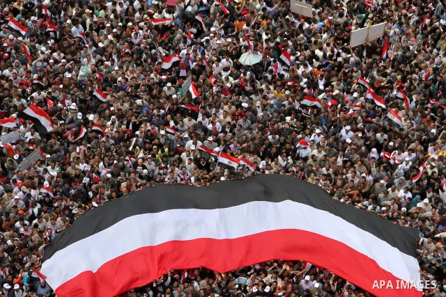 Egyptians perform Friday prayers as tens of thousands gathered for a demonstration at Cairo's Tahrir Square on April 8, 2011, two months after president Hosni Mubarak was ousted, to demand that former regime officials in...