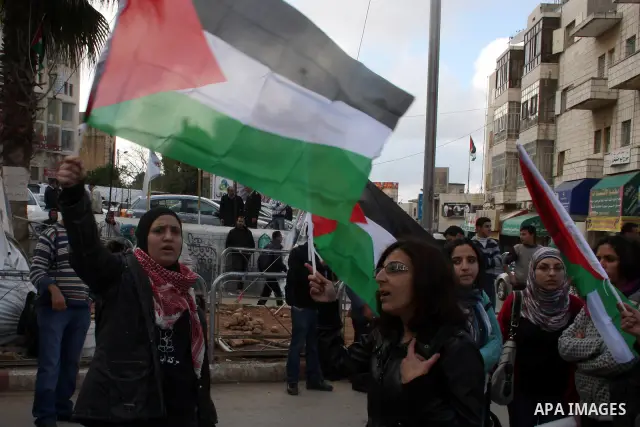 Palestinians hold national flags during a rally in solidarity with Gazans people and against the Israeli military operation, in the West Bank city of Ramallah on April 9,2011. About 18 Palestinians including 8 civilians...