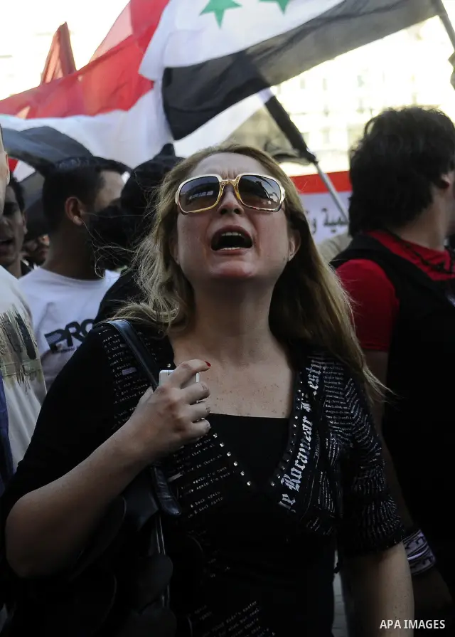 Syrians living in Egypt demonstrate against the recent actions of the Syrian government and in support of protesters at Tahrir Square, Cairo, Egypt on April 10,2011. Syrian security forces opened fire in the coastal town...