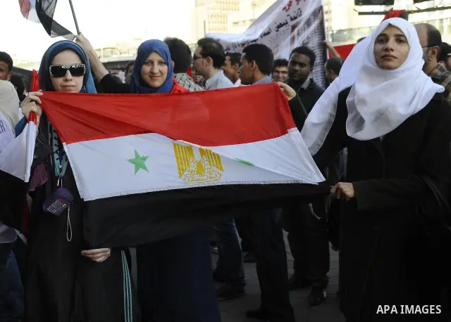 Syrians living in Egypt demonstrate against the recent actions of the Syrian government and in support of protesters at Tahrir Square, Cairo, Egypt on April 10,2011. Syrian security forces opened fire in the coastal town...