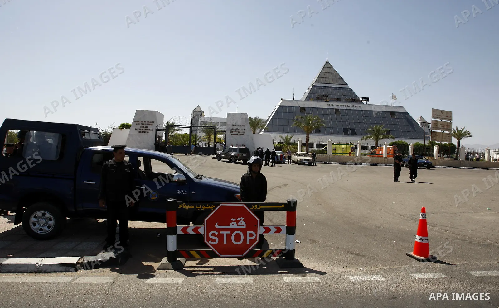 Egyptian soldiers stand guards outside the Sharm el Sheikh International Hospital where the ousted Egyptian leader Hosni Mubarak was admitted after suffering medical complications during questioning, Sharm El Sheikh, Egy...