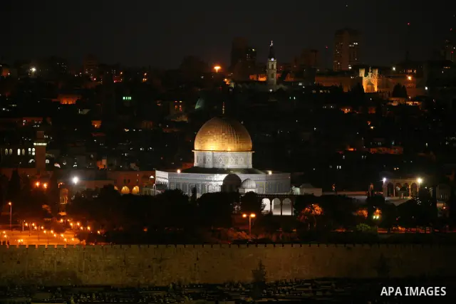 The Dome of the Rock is seen in the Al-Aqsa Mosque compound during night in Jerusalem's Old City on April 13, 2011. Photo by Sliman Khader