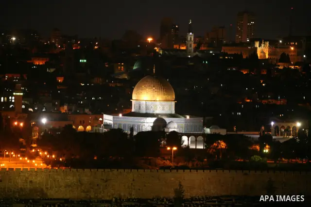 The Dome of the Rock is seen in the Al-Aqsa Mosque compound during night in Jerusalem's Old City on April 13, 2011. Photo by Sliman Khader