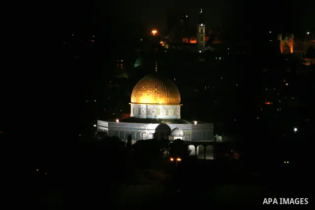 The Dome of the Rock is seen in the Al-Aqsa Mosque compound during night in Jerusalem's Old City on April 13, 2011. Photo by Sliman Khader