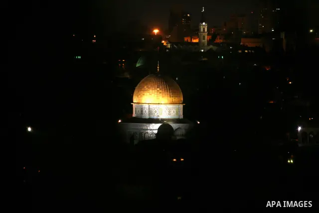The Dome of the Rock is seen in the Al-Aqsa Mosque compound during night in Jerusalem's Old City on April 13, 2011. Photo by Sliman Khader