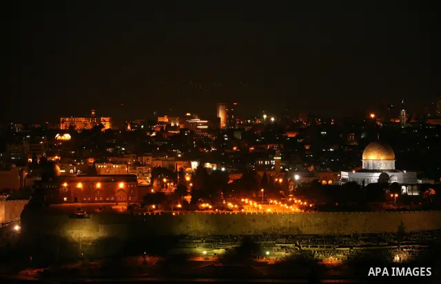 The Dome of the Rock is seen in the Al-Aqsa Mosque compound during night in Jerusalem's Old City on April 13, 2011. Photo by Sliman Khader