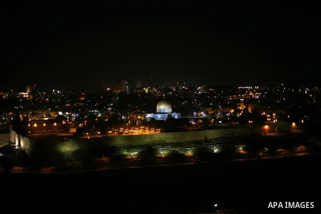 The Dome of the Rock is seen in the Al-Aqsa Mosque compound during night in Jerusalem's Old City on April 13, 2011. Photo by Sliman Khader