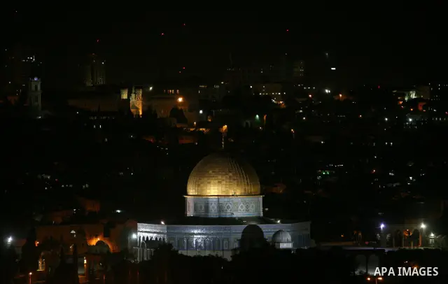 The Dome of the Rock is seen in the Al-Aqsa Mosque compound during night in Jerusalem's Old City on April 13, 2011. Photo by Sliman Khader