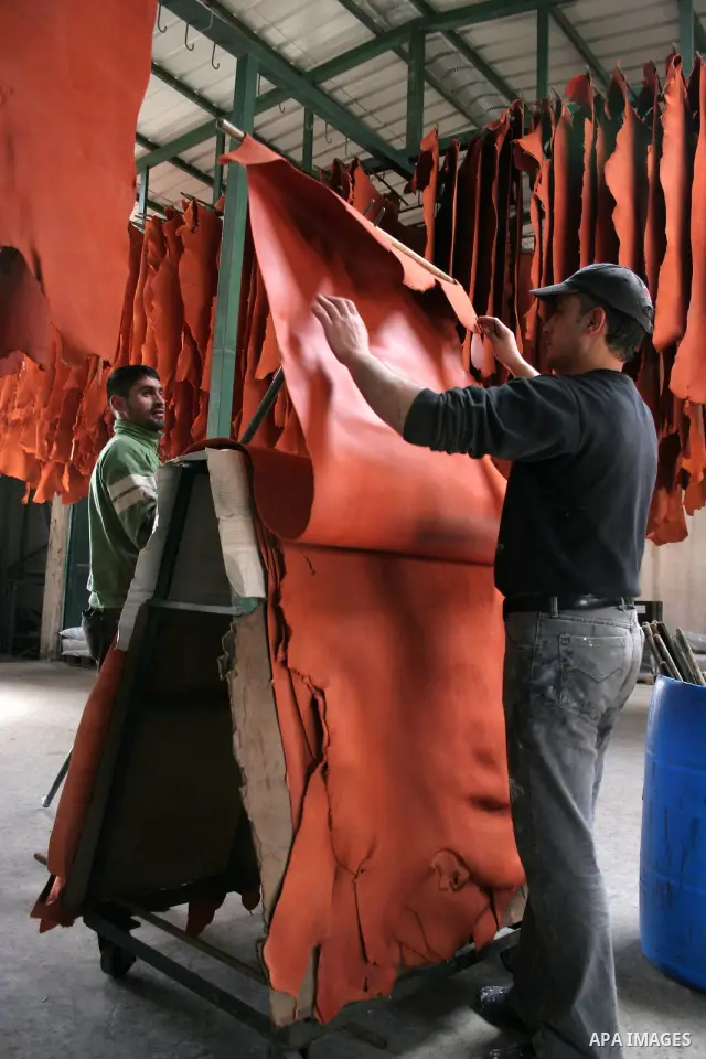 Palestinian dray a piece of leather, some meant to be transported to Israel, Europe unions and Gaza strip at a Palestine Tanning Factory in the West Bank city of Hebron April 14, 2011.Cattle owners in Hebron, the West Ba...