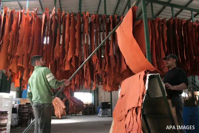 A Palestinian holds a piece of leather, some meant to be transported to Israel, Europe unions and Gaza strip at Palestine Tanning Factory in the West Bank city of Hebron April 14, 2011. Cattle owners in Hebron, the West...