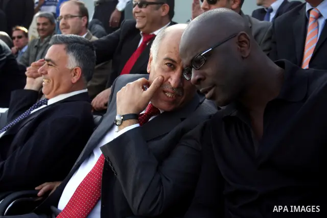 Former French football player Lilian Thuram and the Palestinian Football Association chairman Jibril Rajoub attend the inauguration of a 9,000-capacity stadium, at Al-Bireh, on the outskirts of the West Bank political an...