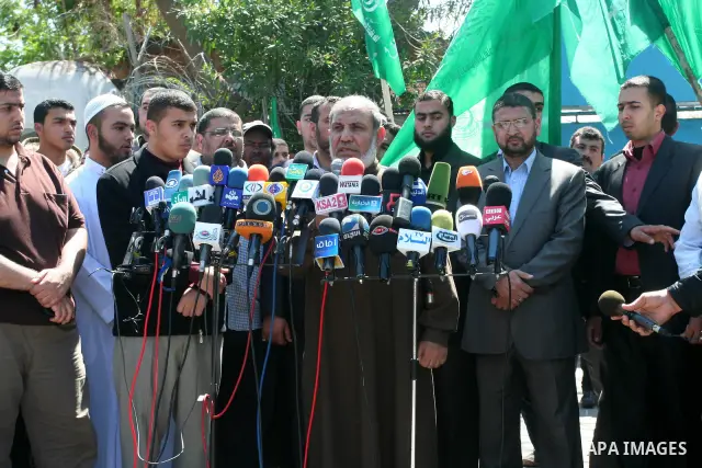 Palestinian Hamas leader, Mahmoud Zahar speaks during a press conference against the kidnapping and killing of an Italian human rights activist by a Salafist group of radical Islamist, during a protest in Gaza City, on A...