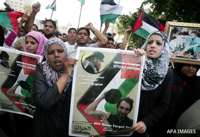 Palestinians participate in a rally, one of several taking place across the Israeli occupied West Bank and Gaza Strip, calling for the release of Palestinians being held in Israeli jails, as they mark Palestinian Prisone...