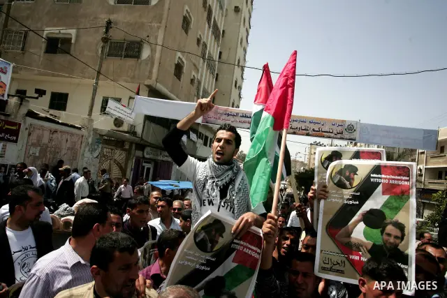 Palestinians participate in a rally, one of several taking place across the Israeli occupied West Bank and Gaza Strip, calling for the release of Palestinians being held in Israeli jails, as they mark Palestinian Prisone...