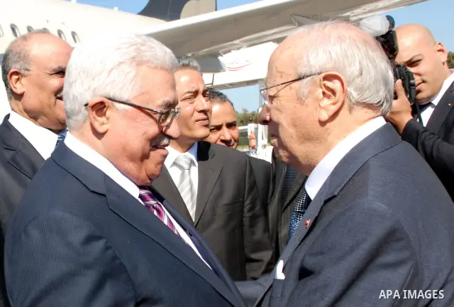 Palestinian President Mahmoud Abbas arrives to Tunisia on April 18,2011. Photo by Mohammed Al Rawas