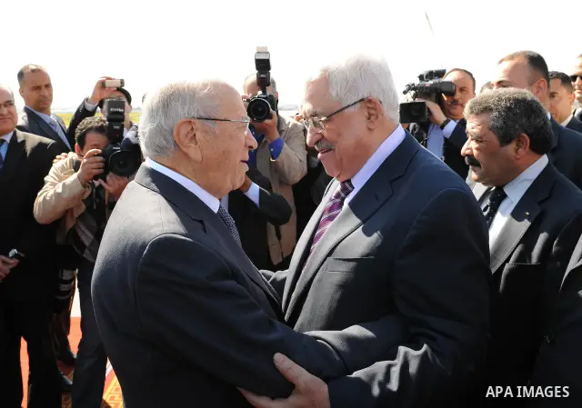 Palestinian President Mahmoud Abbas arrives to Tunisia on April 18,2011. Photo by Thaer Ganaim